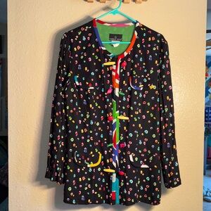 VINTAGE Carole Little 80s Business Formal Black Multicolor 100%rayon blouse